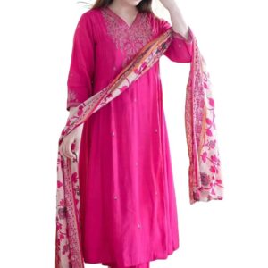womens beautiful chinon embroidery kurta palazzo with dupatta readymade salwar suit set semi stitched top palazzo and duppata for wedding, festival